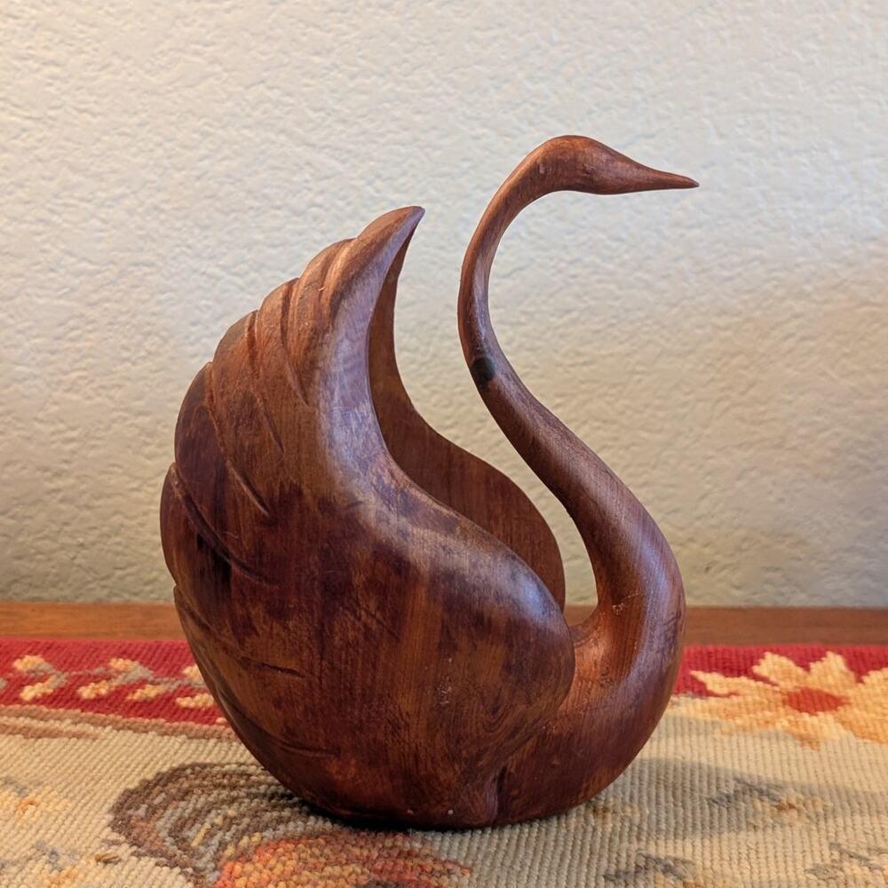 Vintage Signed by Artist Graceful Wood Carved Swan Sculpture